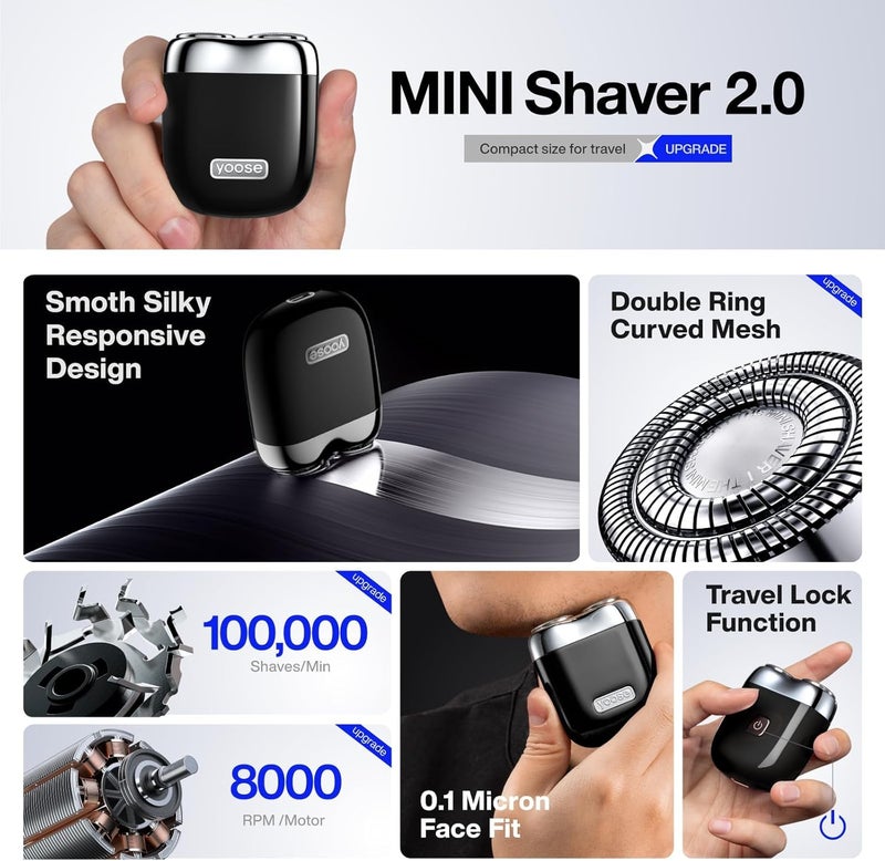 YOOSE Mini Men's Electric Shaver, Men's Alloy, IPX7 Waterproof Electric Shaver with 8000 rpm Motor, Type C Cable and Magnetic Shaving Head, Black - Image 3