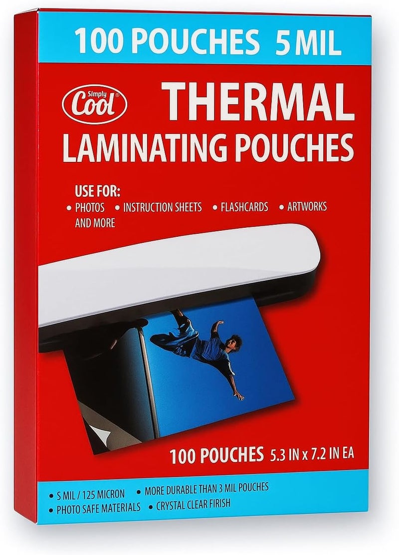Simply Cool 5MIL Thermal Laminating Sheets (100 Count) 5.3x7.2 inch, Photo Size Dry-Erase Friendly Laminating Pouches, Compatible with Laminators, Crystal Clear Laminated Finish - Image 1