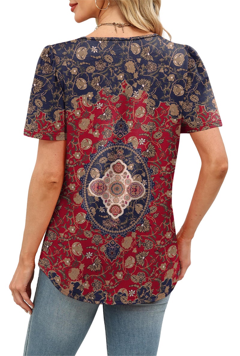 OFEEFAN Boho Tops for Women Short Sleeve Shirts Plus Size Fashion Clothing Dressy Casual Blouses Thanksgiving School Outfits for Teachers Wine XL - Image 5