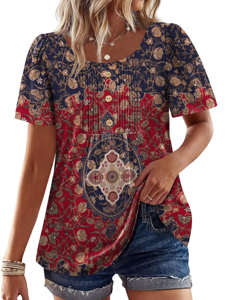 OFEEFAN Boho Tops for Women Short Sleeve Shirts Plus Size Fashion Clothing Dressy Casual Blouses Thanksgiving School Outfits for Teachers Wine XL - Image 1