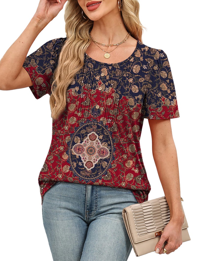 OFEEFAN Boho Tops for Women Short Sleeve Shirts Plus Size Fashion Clothing Dressy Casual Blouses Thanksgiving School Outfits for Teachers Wine XL - Image 3