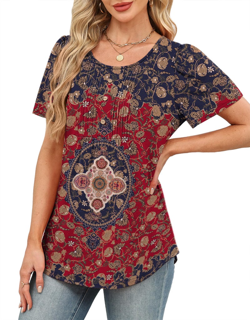 OFEEFAN Boho Tops for Women Short Sleeve Shirts Plus Size Fashion Clothing Dressy Casual Blouses Thanksgiving School Outfits for Teachers Wine XL - Image 4