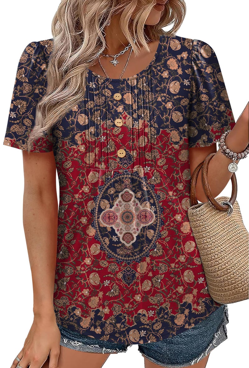 OFEEFAN Boho Tops for Women Short Sleeve Shirts Plus Size Fashion Clothing Dressy Casual Blouses Thanksgiving School Outfits for Teachers Wine XL - Image 2