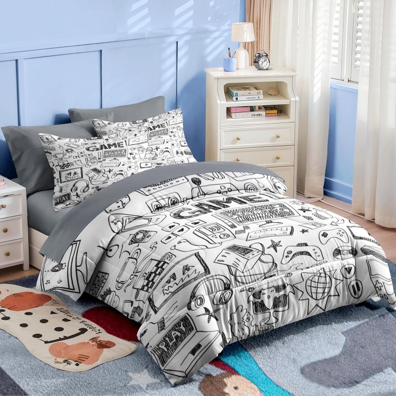 Nesker Comforter Set Twin Size, Computer Games Doodles 5 Pcs Bedding for Kids Teens, Gamer Gaming Black Bedding Set with Pillowcase & Sham - Image 4