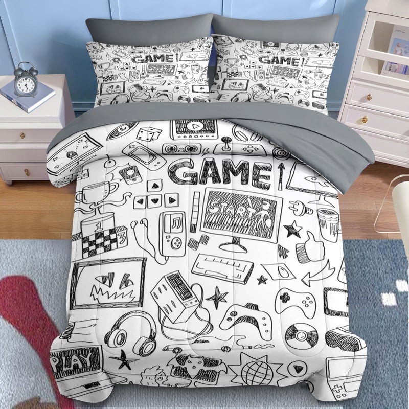 Nesker Comforter Set Twin Size, Computer Games Doodles 5 Pcs Bedding for Kids Teens, Gamer Gaming Black Bedding Set with Pillowcase & Sham - Image 3