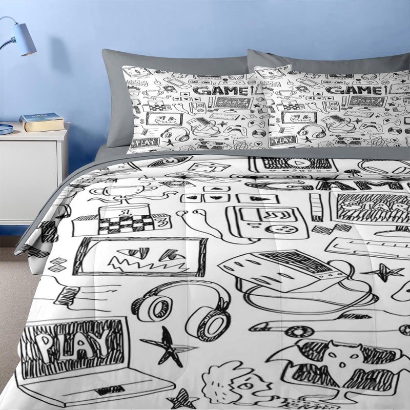 Nesker Comforter Set Twin Size, Computer Games Doodles 5 Pcs Bedding for Kids Teens, Gamer Gaming Black Bedding Set with Pillowcase & Sham - Image 5