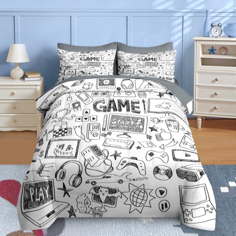 Nesker Comforter Set Twin Size, Computer Games Doodles 5 Pcs Bedding for Kids Teens, Gamer Gaming Black Bedding Set with Pillowcase & Sham - Image 1