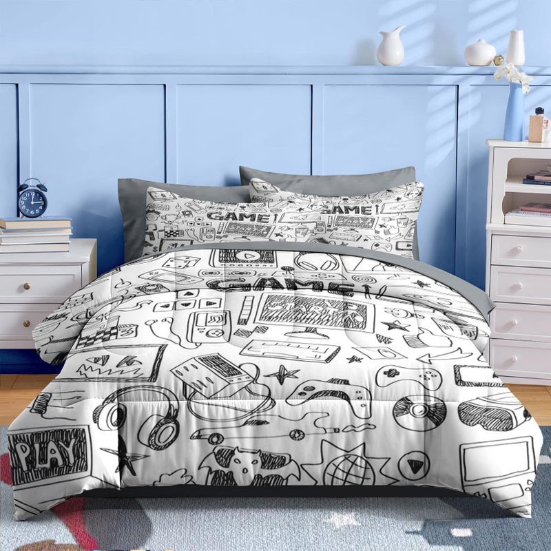 Nesker Comforter Set Twin Size, Computer Games Doodles 5 Pcs Bedding for Kids Teens, Gamer Gaming Black Bedding Set with Pillowcase & Sham - Image 2