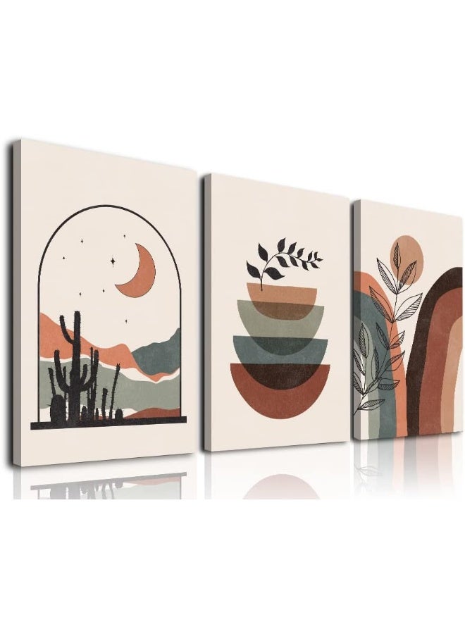 ASTRDECOR Boho Wall Art Set Of 3, Mid-Century Modern Wall Prints, Framed Neutral Abstract Geometric Prints Moon Desert Mountain Plant Minimalist Art Large Canvas Paintings Artwork 12" X 16" Ready To Hang - Image 1