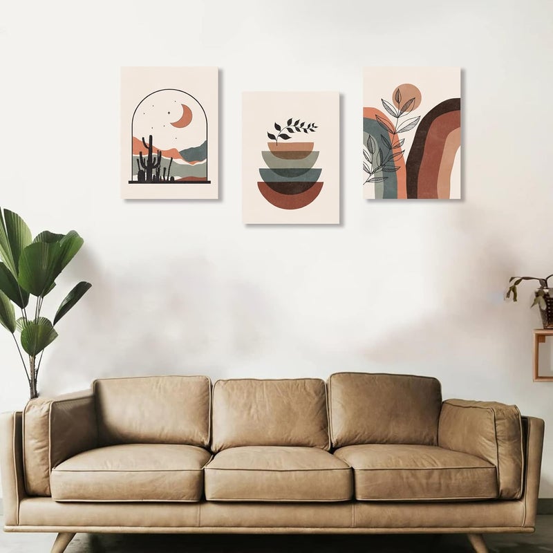 ASTRDECOR Boho Wall Art Set Of 3, Mid-Century Modern Wall Prints, Framed Neutral Abstract Geometric Prints Moon Desert Mountain Plant Minimalist Art Large Canvas Paintings Artwork 12" X 16" Ready To Hang - Image 2