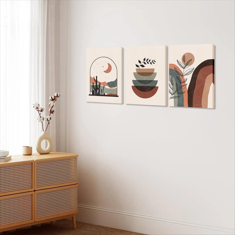 ASTRDECOR Boho Wall Art Set Of 3, Mid-Century Modern Wall Prints, Framed Neutral Abstract Geometric Prints Moon Desert Mountain Plant Minimalist Art Large Canvas Paintings Artwork 12" X 16" Ready To Hang - Image 5