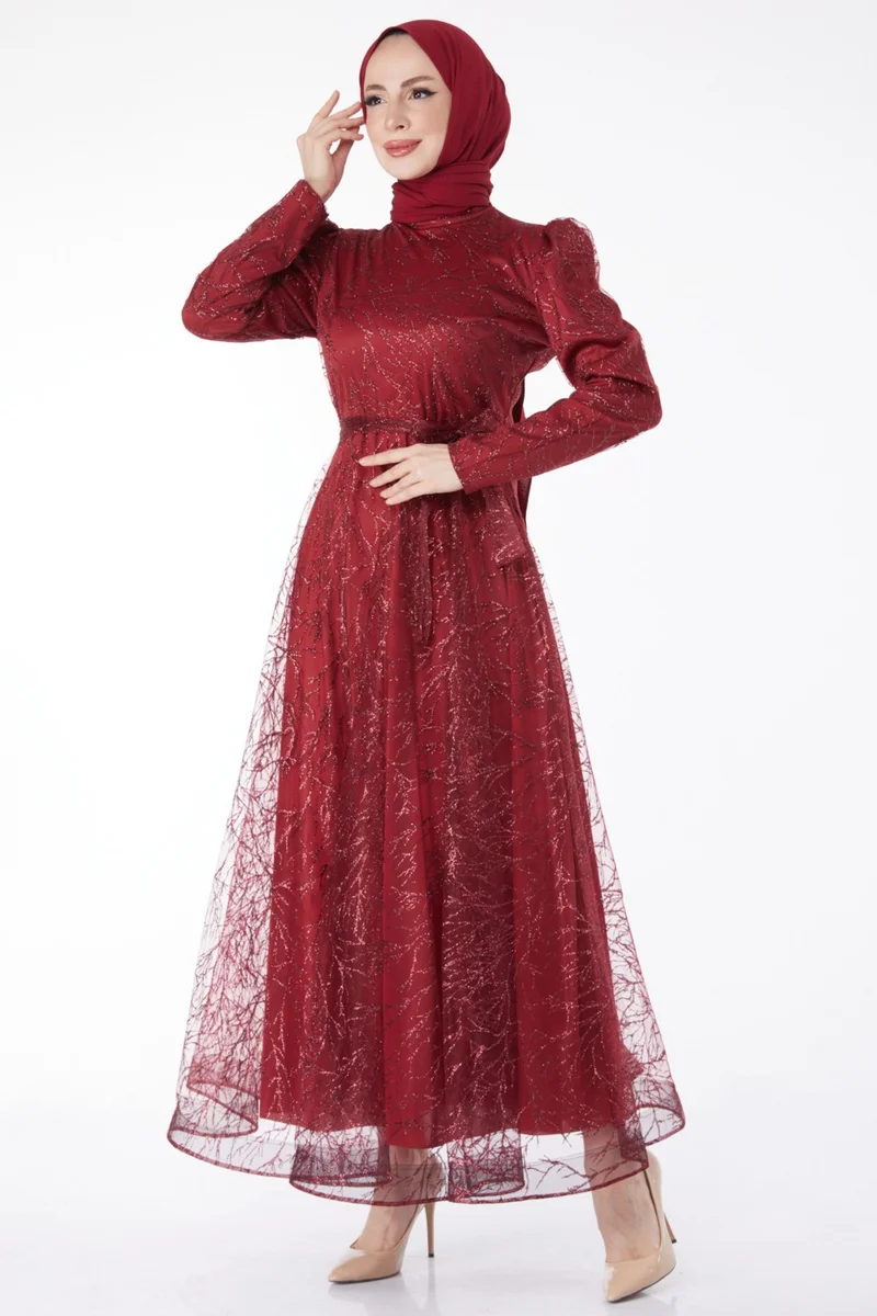 Tofisa Plain Judge Collar Women's Burgundy Sparkly Glitter Evening Dress - 24822