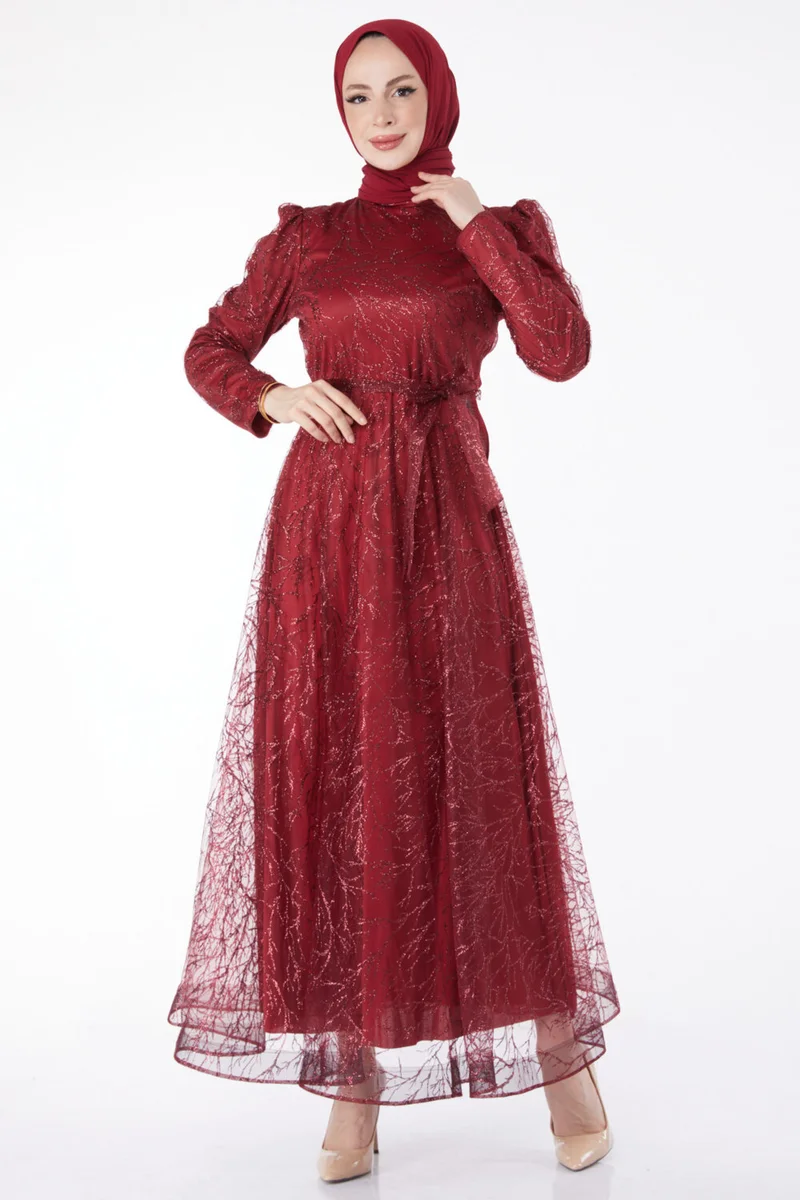 Tofisa Plain Judge Collar Women's Burgundy Sparkly Glitter Evening Dress - 24822