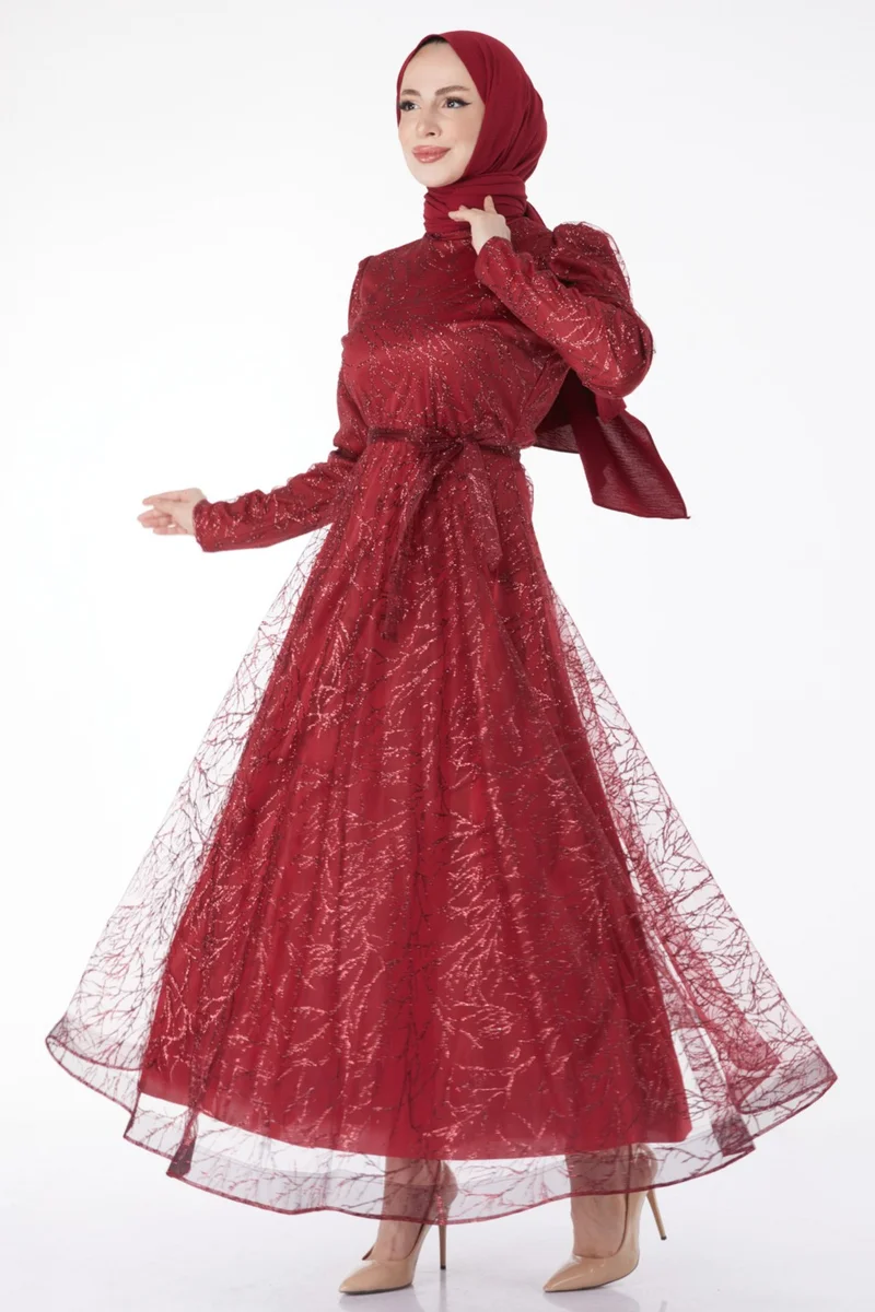 Tofisa Plain Judge Collar Women's Burgundy Sparkly Glitter Evening Dress - 24822