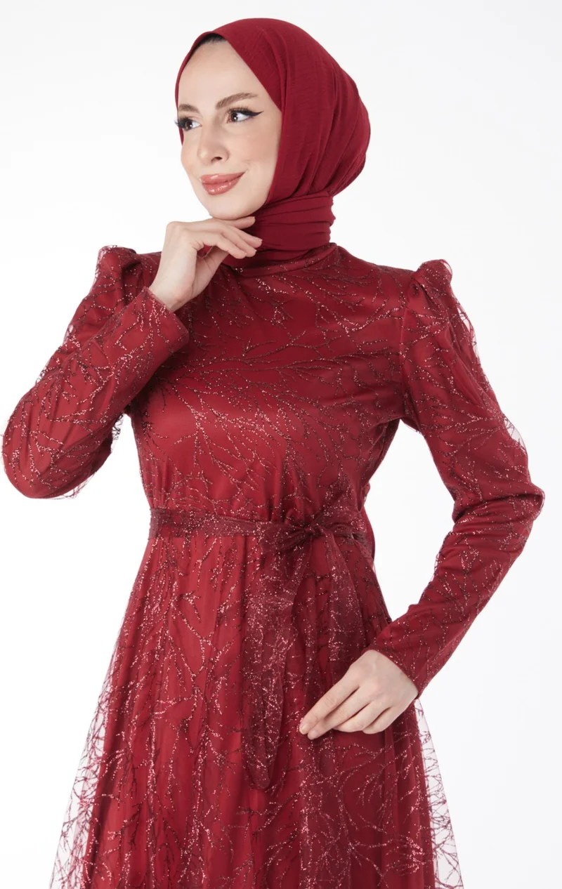 Tofisa Plain Judge Collar Women's Burgundy Sparkly Glitter Evening Dress - 24822