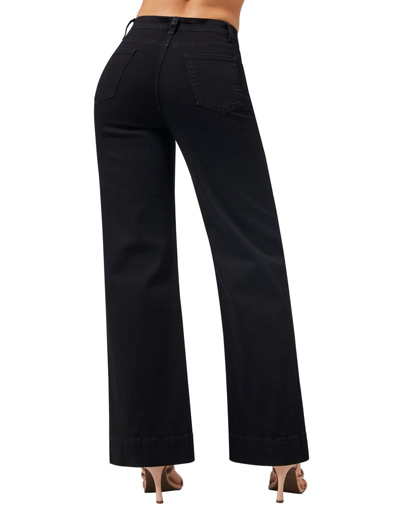 roswear Women's Wide Leg Jeans Casual High Waisted Stretchy Baggy Loose Long Trouser Jeans Black Small - Image 2
