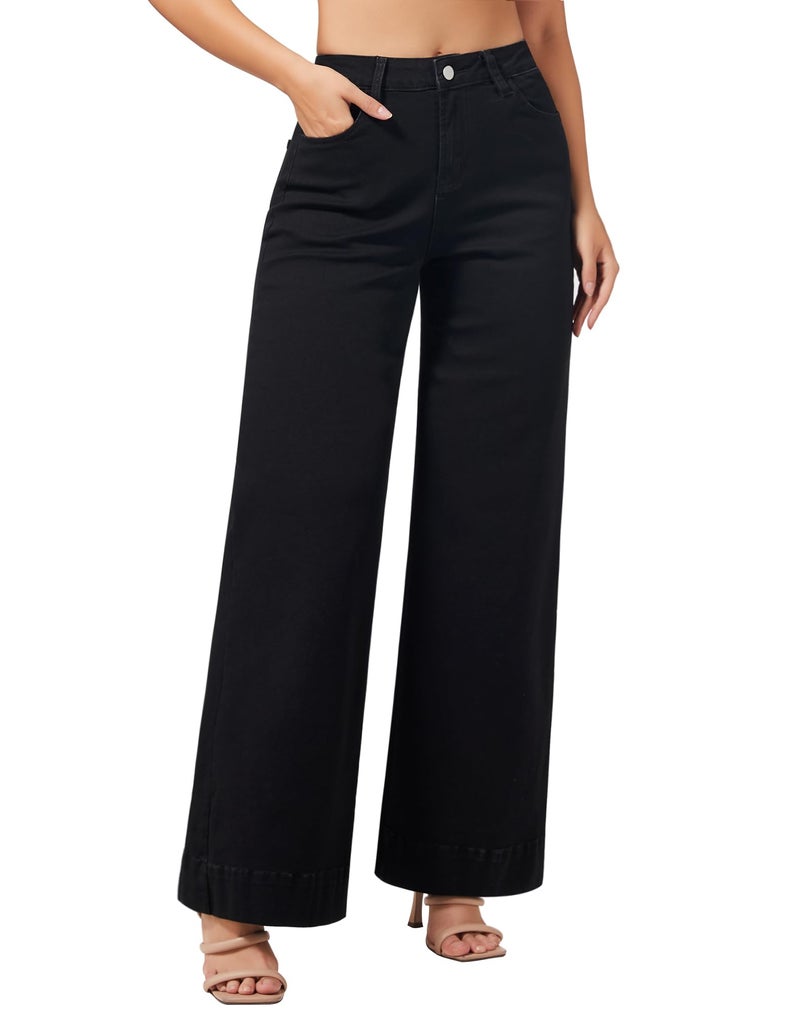 roswear Women's Wide Leg Jeans Casual High Waisted Stretchy Baggy Loose Long Trouser Jeans Black Small - Image 1
