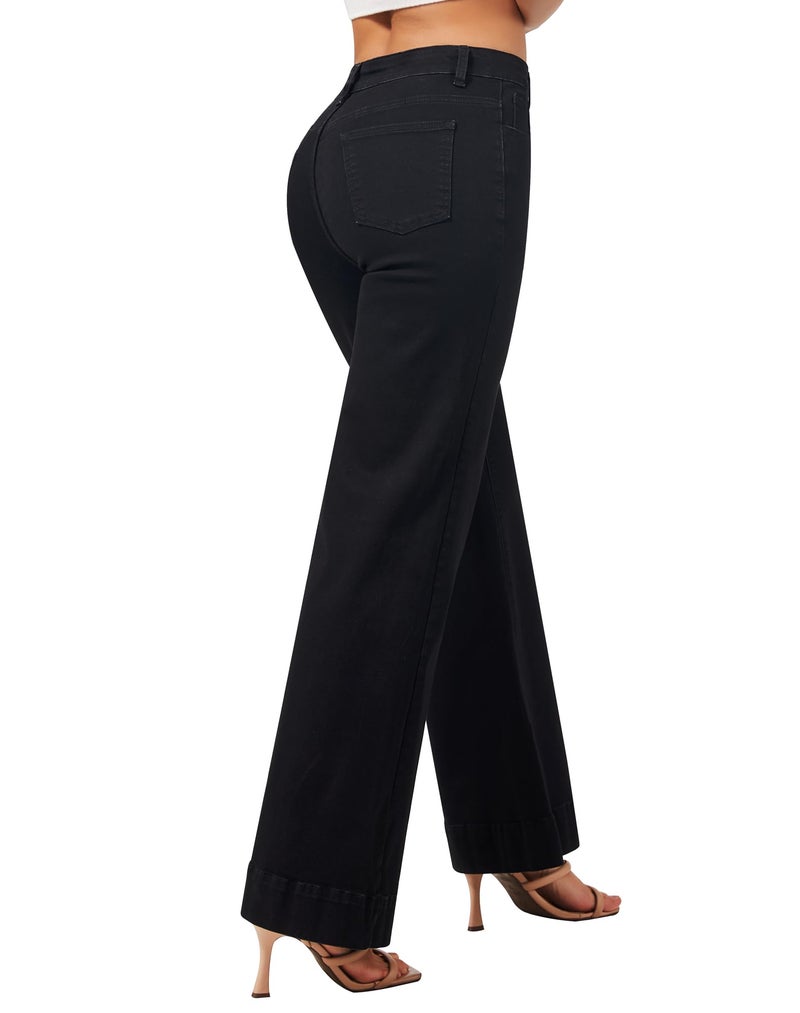 roswear Women's Wide Leg Jeans Casual High Waisted Stretchy Baggy Loose Long Trouser Jeans Black Small - Image 4