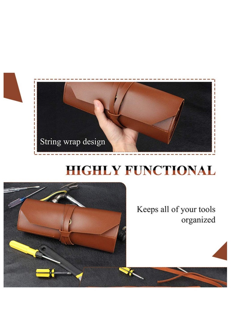 Multi-Purpose Tool Roll Bag, Leather & Canvas Organizer Pouch, 10 Pocket Wrench Roll for Woodworking, Plier & Spanner Storage, Roll-Up Tool Organizer for Efficient Tool Management.