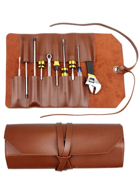 Multi-Purpose Tool Roll Bag, Leather & Canvas Organizer Pouch, 10 Pocket Wrench Roll for Woodworking, Plier & Spanner Storage, Roll-Up Tool Organizer for Efficient Tool Management.
