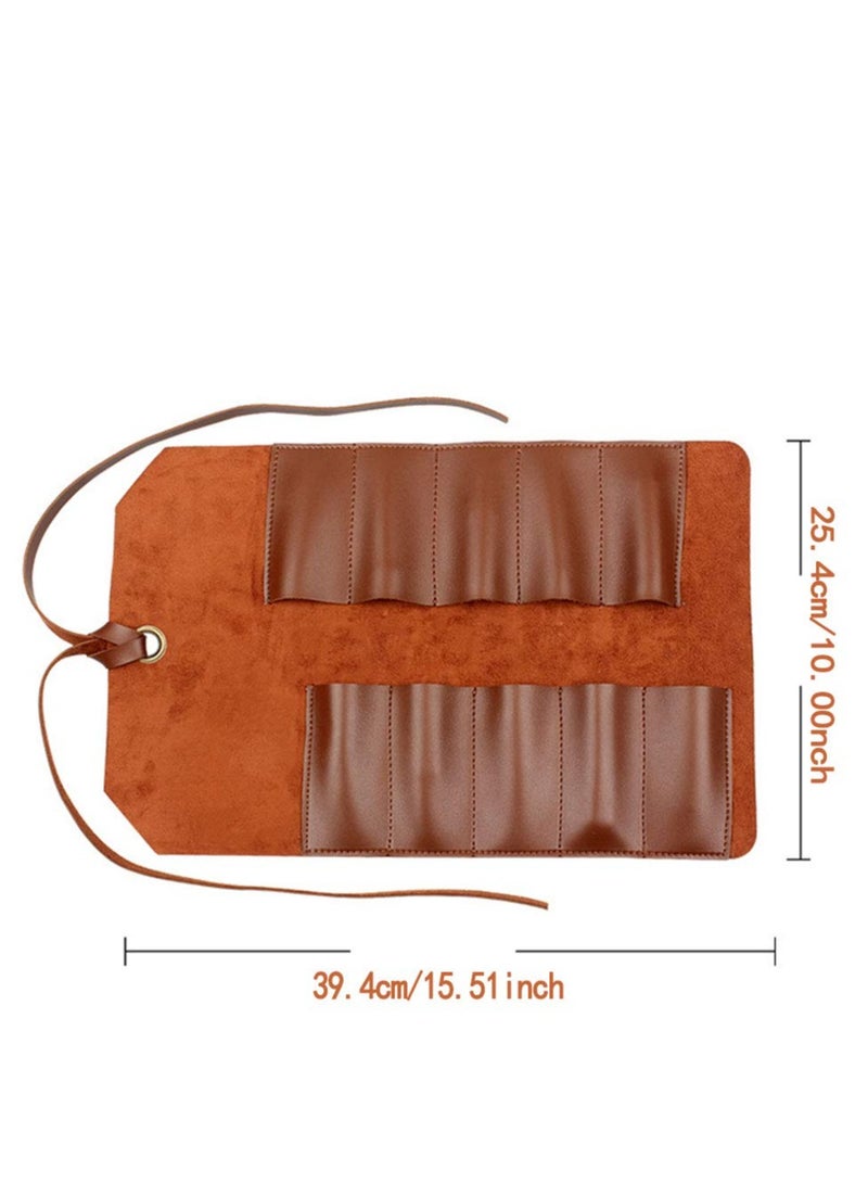 Multi-Purpose Tool Roll Bag, Leather & Canvas Organizer Pouch, 10 Pocket Wrench Roll for Woodworking, Plier & Spanner Storage, Roll-Up Tool Organizer for Efficient Tool Management.