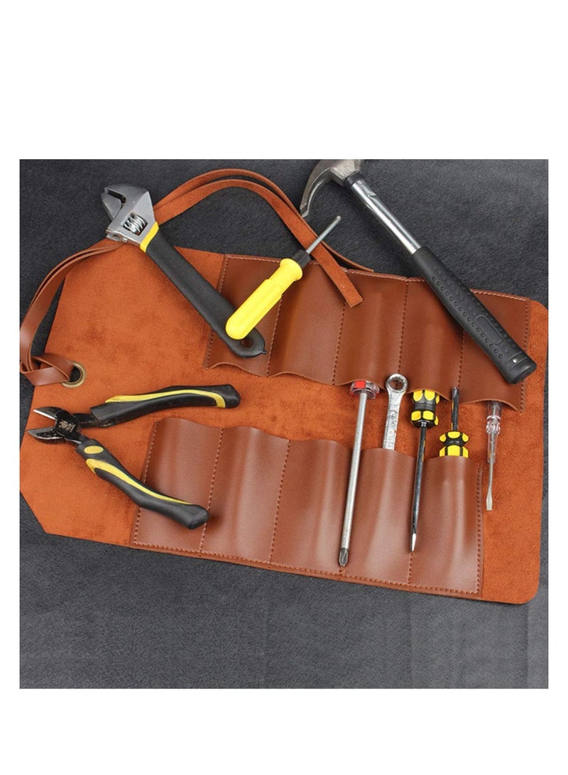 Multi-Purpose Tool Roll Bag, Leather & Canvas Organizer Pouch, 10 Pocket Wrench Roll for Woodworking, Plier & Spanner Storage, Roll-Up Tool Organizer for Efficient Tool Management.