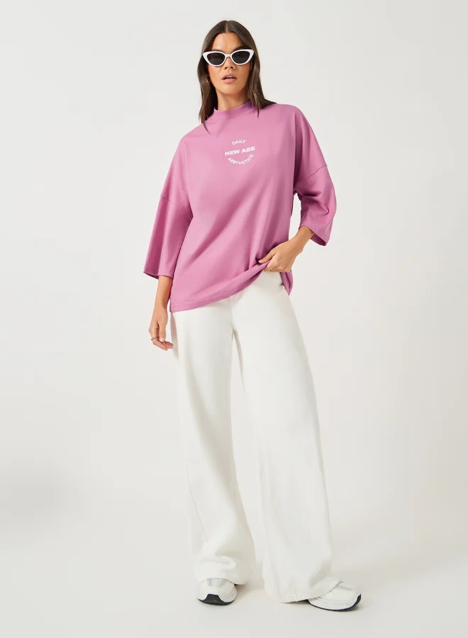 Styli Styli Slogan Printed High Neck Oversized T-Shirt