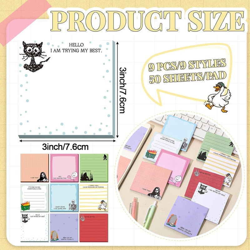 Saypacck 9 Pads Cute Sticky Notes Cartoon Self Stick Notepads 3x3 Inches Notes Adhesive Memo Pad Office Decor Gifts for Students School Teacher Office Meeting (Funny) - Image 2