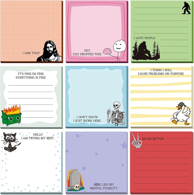 Saypacck 9 Pads Cute Sticky Notes Cartoon Self Stick Notepads 3x3 Inches Notes Adhesive Memo Pad Office Decor Gifts for Students School Teacher Office Meeting (Funny) - Image 1