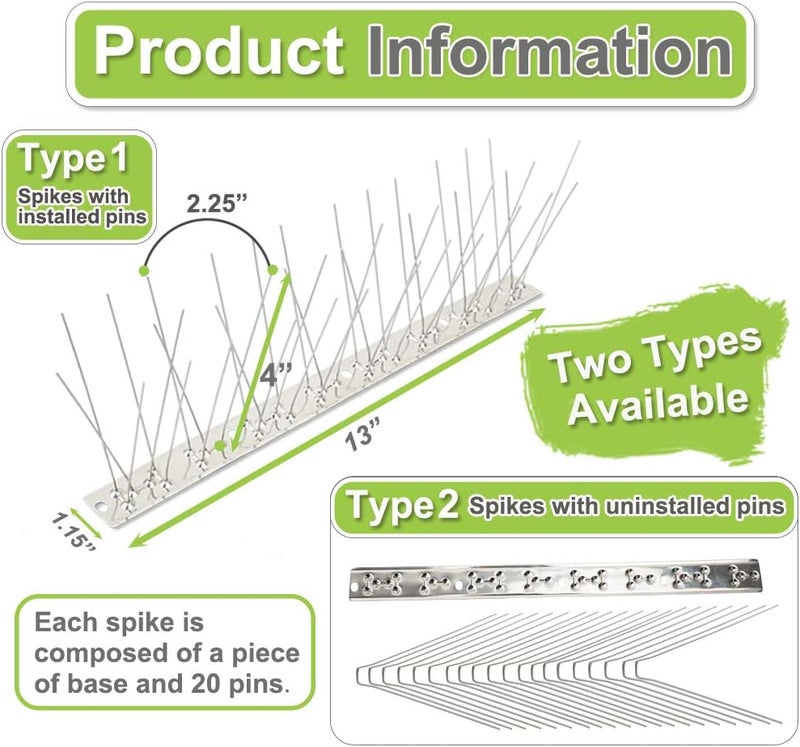 Valibe Bird Spikes for Pigeons Small Birds 100ft Stainless Steel Bird Spikes for Outside to Keep Birds Away for Critter Pricker Woodpecker Cat with Uninstalled Pins - Image 2
