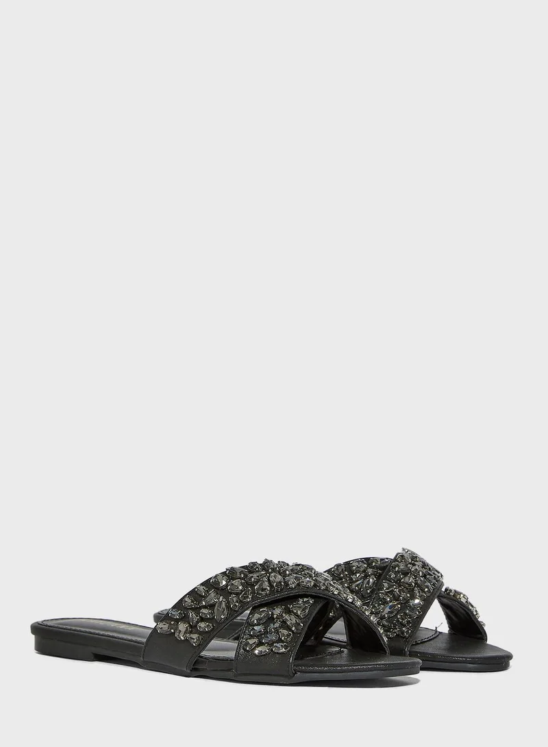 Khizana Jewel Encrusted Crossover Flat Sandals