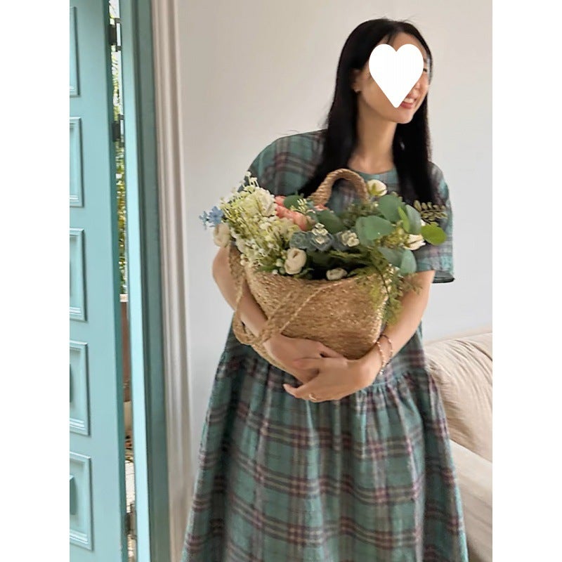 Dress For Women Summer Dress Japanese Style Retro Plaid V Neck Loose Slimming Look Extra Long Bare Long Skirt - Image 5