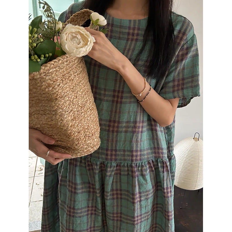 Dress For Women Summer Dress Japanese Style Retro Plaid V Neck Loose Slimming Look Extra Long Bare Long Skirt - Image 4