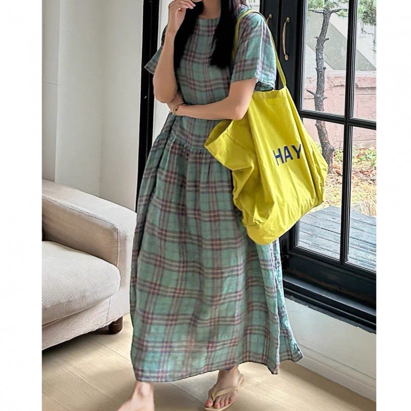 Dress For Women Summer Dress Japanese Style Retro Plaid V Neck Loose Slimming Look Extra Long Bare Long Skirt - Image 2