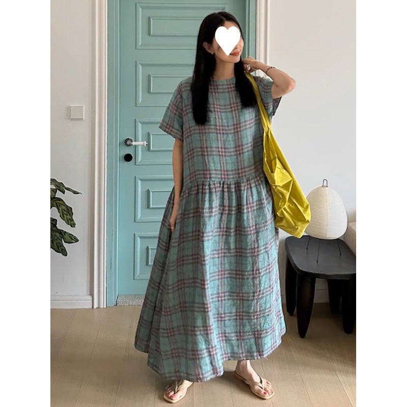 Dress For Women Summer Dress Japanese Style Retro Plaid V Neck Loose Slimming Look Extra Long Bare Long Skirt - Image 3