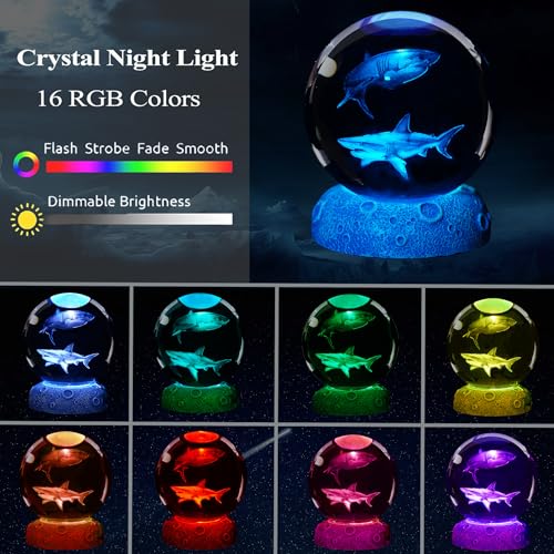 POSSHE Shark Night Light 3D Crystal Ball Shark Lamp Underwater Gifts with 16 Color Remote Upgraded 315 Inch Ball for Room Decor Boys Girls Birthday Xmas Cool Figurines Gifts - Image 3