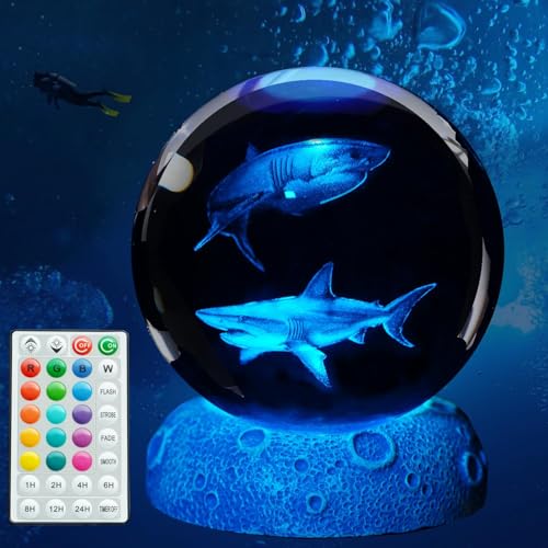 POSSHE Shark Night Light 3D Crystal Ball Shark Lamp Underwater Gifts with 16 Color Remote Upgraded 315 Inch Ball for Room Decor Boys Girls Birthday Xmas Cool Figurines Gifts - Image 1