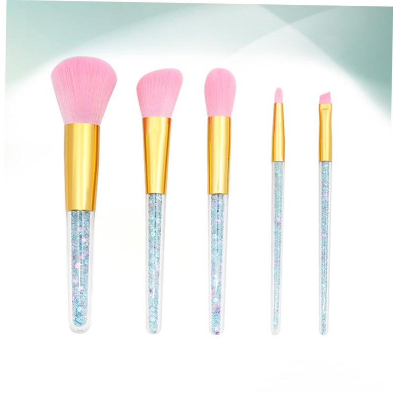 5 Pcs Makeup Brush Transparent Handle Powder Brush with Blue Crystal Particles Gold Ferrule Pink Bristles for Women Daily and Professional Use - Image 3