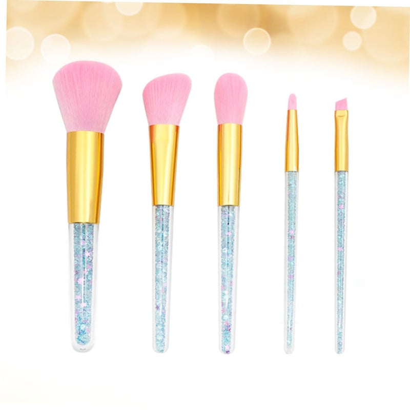 5 Pcs Makeup Brush Transparent Handle Powder Brush with Blue Crystal Particles Gold Ferrule Pink Bristles for Women Daily and Professional Use - Image 2