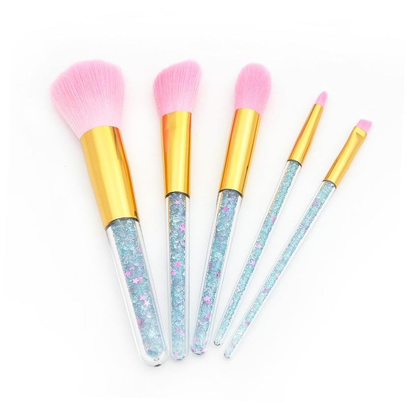 5 Pcs Makeup Brush Transparent Handle Powder Brush with Blue Crystal Particles Gold Ferrule Pink Bristles for Women Daily and Professional Use - Image 1