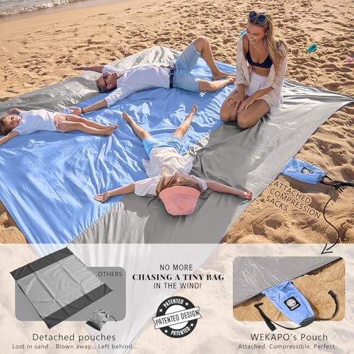 WEKAPO Beach Blanket Sandproof, Extra Large Beach Mat, Big & Compact Sand Free Mat Quick Drying, Lightweight & Durable with 6 Stakes & 4 Corner Pockets (Periwinkle Blue, 7x7 FT (1～3 person)) - Image 3