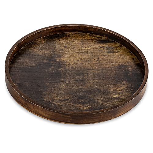 Hanobe DecorativeTray for Coffee Table Round Vintage Brown Wood Trays for Home Decor Farmhouse Circle Ottoman Plate for Kitchen Centerpiece Counter Display Living Room 12 - Image 1