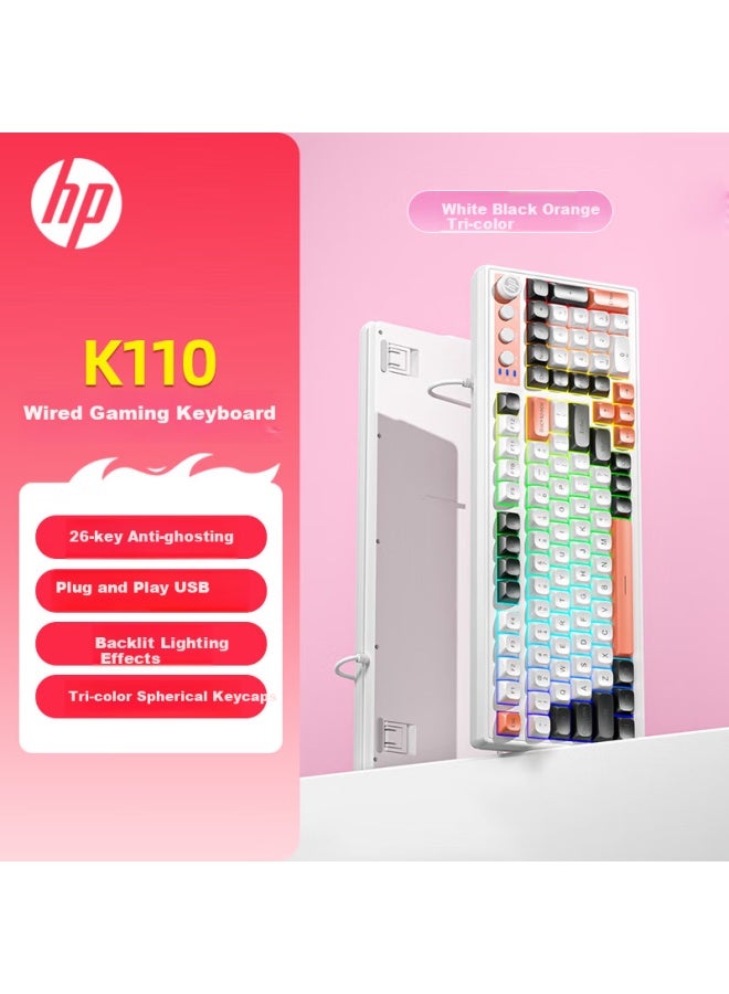 HP لوحة مفاتيح ميكانيكية Hp K110 باللون الأسود والأبيض والبرتقالي بتصميم ثلاثي الألوان 98 مفتاح سلكية USB للألعاب مع 26 مفتاح بدون تعارض - Image 1