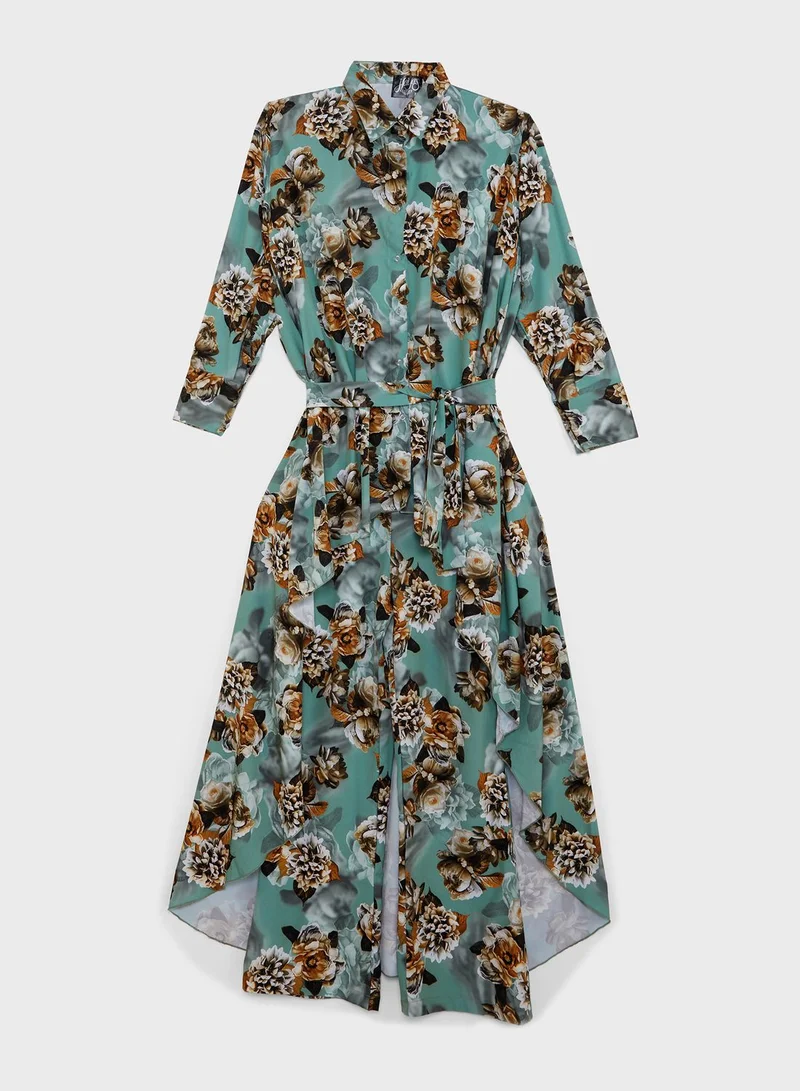 Hayas Closet Curve Floral Print Asymmetrical Hem Belted Set