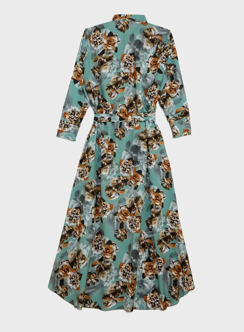 Hayas Closet Curve Floral Print Asymmetrical Hem Belted Set