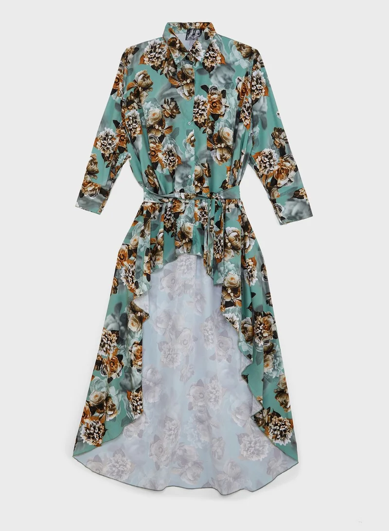 Hayas Closet Curve Floral Print Asymmetrical Hem Belted Set