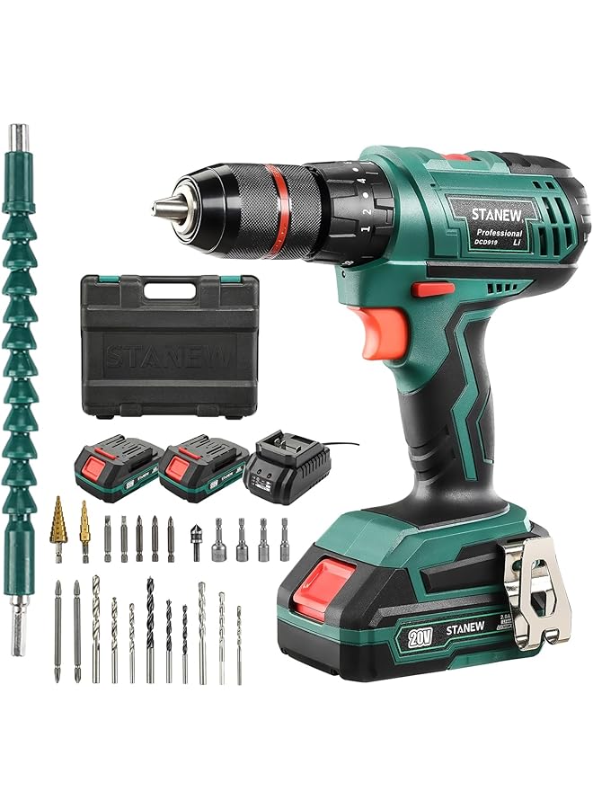 erorex High Power Cordless Hammer Drill Screwdriver 20V+ 2X2.0Ah Li Ion Batteries 18+3 Torque Includes Drill Bits And Charger In 24 Piece Set - Image 1