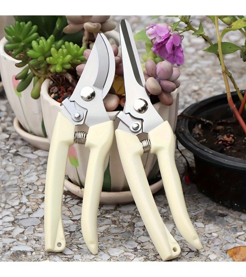 2 Piece Set Stainless Steel Gardening Pruning Shears White Ergonomic Handle - Image 2