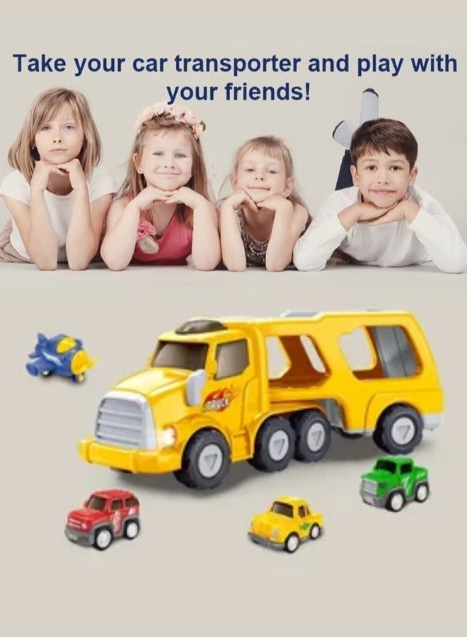 Car Truck Set Toys, Puzzle Engineering Vehicle, Double-decker Trailer with Light and Music, Push and Go Car Toy with4 Mini CarsEducational Toys for Boys Girls Toddlers Age, Gifts Toys for Kids Age 3+ - Image 3