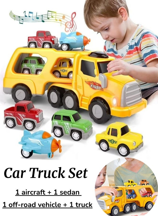 Car Truck Set Toys, Puzzle Engineering Vehicle, Double-decker Trailer with Light and Music, Push and Go Car Toy with4 Mini CarsEducational Toys for Boys Girls Toddlers Age, Gifts Toys for Kids Age 3+ - Image 1